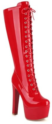 Stivali con plateau e tacco alto da donna, comode scarpe da ballo da donna con tacco a spillo for night club, eleganti scarpe con tacco in vernice for serate eleganti(Red,46 EU)