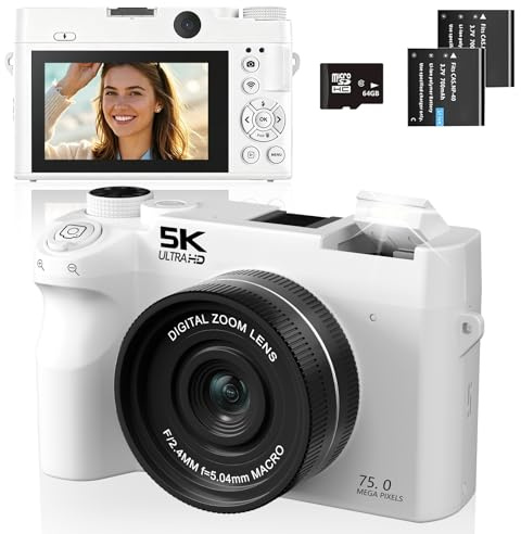Digitalkamera 5K 75MP Kamera mit Dual-Kamera, Vlogging Fotoapparat für Videos mit WLAN, 3 Kompaktekamera für Anfänger, 18X Digitalzoom, Autofokus, mit 64GB Karte, 2 Batterien