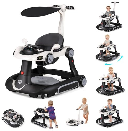FANTASK 7 in 1 Lauflernhilfe mit abnehmbarem Verdeck, Lauflernwagen höhenverstellbar mit Spielboard, Musik, Licht & Rädern, Gehfrei mit einstellbarer Geschwindigkeit für Baby ab 6 Monaten (Schwarz)