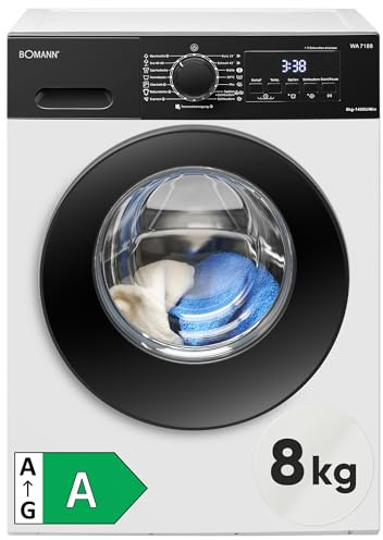 Bomann® Waschmaschine 8kg | 5 Jahre Motor-Garantie | Invertermotor-effizient, leise & langlebig | max. 1400 U/min | 15 Programme | Dampffunktion | LED-Display | Washing Machine | WA 7188 weiß-schwarz