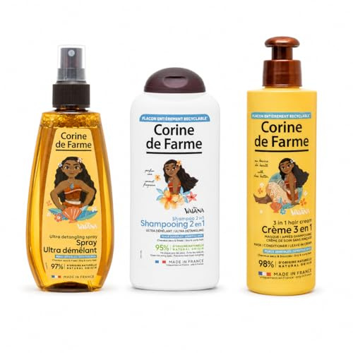 Corine de Farme Routine Cheveux Vaiana Complète – Shampooing Ultra-Démêlant 300 ml + Spray Ultra-Démêlant 200 ml + Crème 3-en-1 200 ml – Cheveux Secs, Frisés et Bouclés – Dès 3 Ans – Disney Vaiana