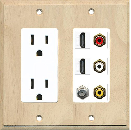 RiteAV - 2 x 15 Amp 125V Presa di alimentazione 3 x RCA - 2 X HDMI e 1 x Cavo coassiale TV Port Piastra a muro - Legno/Bianco