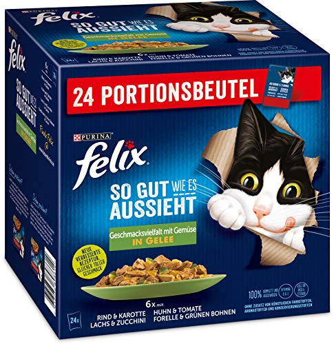 Felix Katzennassfutter So gut wie es aussieht in Gelee Geschmacksvielfalt vom Land mit Gemüse , 4er Pack (4 x 24 x 85 g )Portionsbeutel