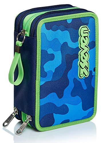 Seven Federmäppchen, Mäppchen, Mehrfarbig, Federtasche für Schreibwaren, Etui mit Stiften, Kugelschreiber, mit 3 Fächern, Mädchen und Jungen, Schule - Grundschule, XXL Delft blau-grün