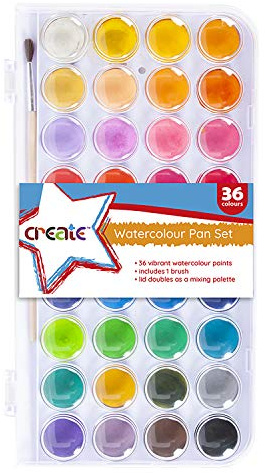 Create 36-Colour Watercolour Paint Set - Portable Travel Pan and Brush, Beginner Student Cakes