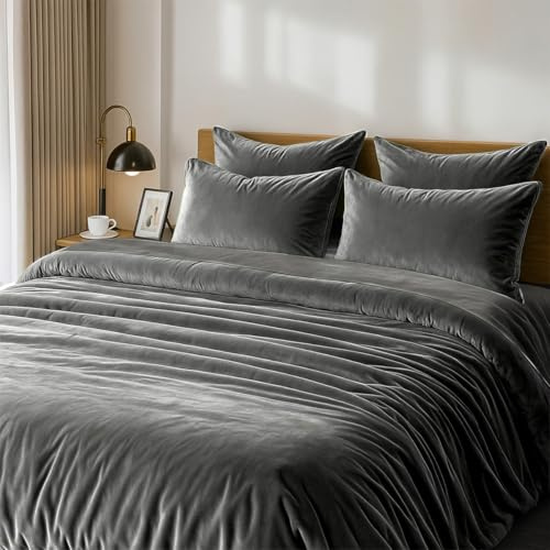 Sedefen Flanelle Housse de Couette 220x240cm + 2 Taies d'oreiller 65x65cm Gris foncé Anthracite Parure de lit 2 Personnes Peluche Hiver Chaude Duveteuse Ado Linge de lit Avez Fermeture Éclair