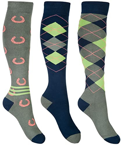 HKM Cardiff Chaussettes mi-Hautes, Bleu Marine Vert Olive, 39-42 Mixte