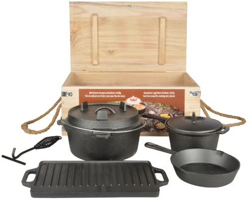 Esschert Design Dutch Oven 7er Set aus Gusseisen in Einer Holz Kiste
