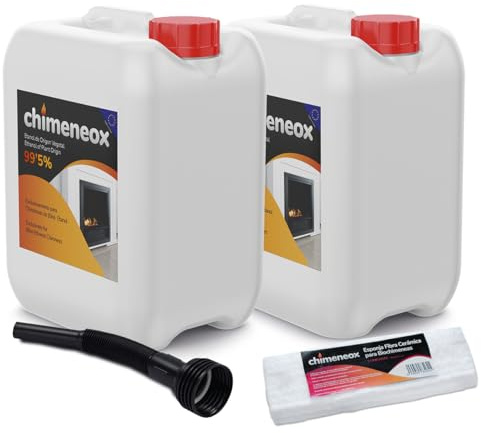 2 x 5L Bioetanol 99,5% para chimeneas de Chimeneox (con Embudo) + 2 x Esponja Fibra Cerámica