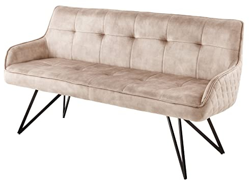 Sitzbank EUPHORIA - 160cm - champagner greige - Samt Metall-Beine Armlehnen | montiert geliefert, hohe Belastbarkeit, hoher Komfort, Ziersteppung, Retro Design, Hairpin Legs, angenehme Haptik