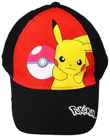 Fashion UK Chapeau Officiel Compatible Pokemon Pikachu. Modèle Pokeball. Casquette avec visière Enfant ou garçon, Polyester et Coton. Casquette de Baseball Noir Rouge. 56