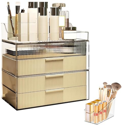 DASITON Make Up Organizer mit Schubladen,Staubdichte Vierlagige Kosmetik Aufbewahrung,Große Kosmetik Schminktisch Organizer,Skincare Organizer Cosmetic Organizer für Schlafzimmer,Badezimmer(Creme)
