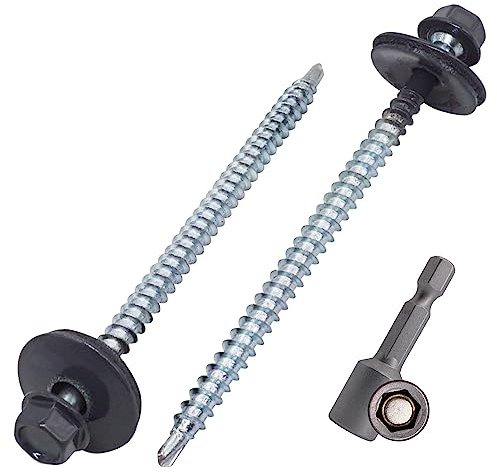 SKIR'CO (100 uds) Tornillos para techos pintados 4,8 x 80 mm, cabeza hexagonal, tornillos autoperforantes con arandelas de EPDM (gris grafito, RAL 7024)