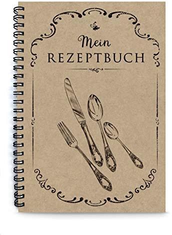 Din A5 Kochbuch MEIN REZEPTBUCH zum Selberschreiben Besteck schwarz original Kraftpapier (Spiralgebunden)