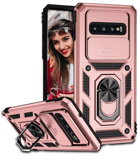 POUHYE Mobilskal för Samsung Galaxy S10 Fodral, [Skydd för skjutkameran] Stötsäkert utomhusfodral i militärklass case med 360° magnetisk ringhållare, robust och tåligt telefonskydd Roséguld