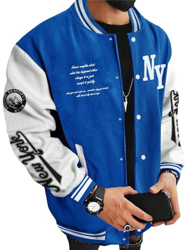 SOLY HUX Men's Varsity Jacket Color Block Letter Graphic Long Sleeve Baseball Jacket Bomber Coat Blue and White Letter X-Large