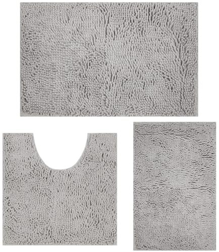 MEGAROOM Non Slip Chenille Bath Mat Sets 3 Piece - Soft and Anti Mould Bath Mats for Safety and Comfort - Water Absorbent and Quick Drying - Bathroom Carpet Set with U-Shaped Toilet Mat（Light Gray）