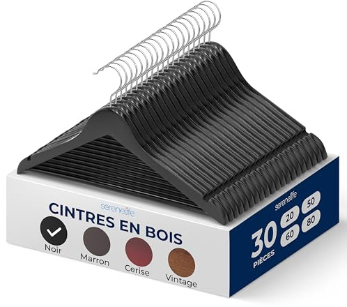 SereneLifeHome Perchas Madera, Ropa, Pack de 30, Antideslizantes, con Gancho Giratorio de 360°