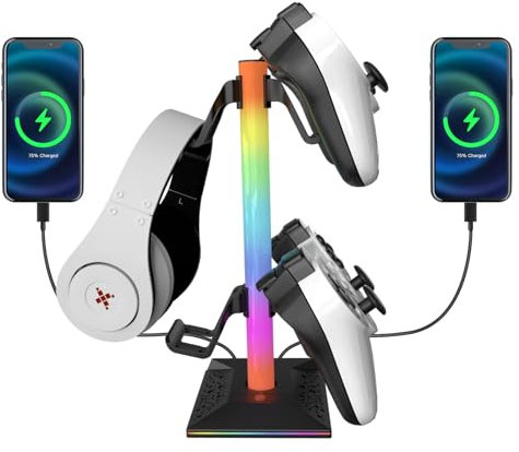 LOUIKAY Soporte Cascos Gaming, Porta Auriculares de Mesa con 10 Modos de Iluminación RGB, Interfaz USB y Tipo C, Universal Soporte Auriculares y Soporte del Controlador