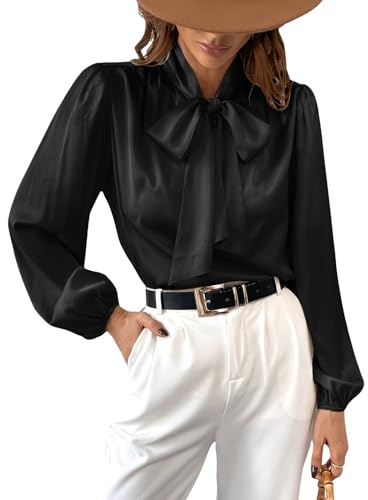 CUPSHE - Camicetta in raso da donna con fiocco, maniche lunghe, lucida, collo alto, per lavoro e casual, Nero , XS