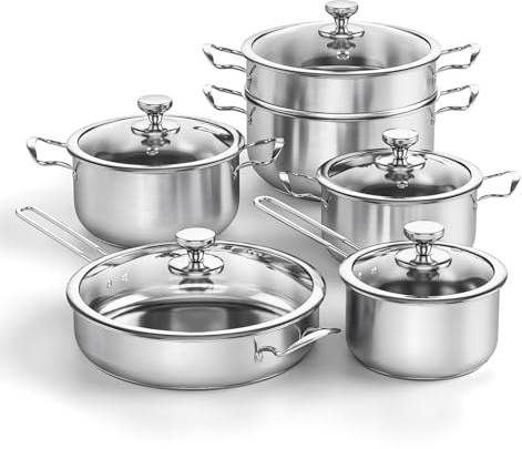 Stainless Steel Cookware Set, Wodillo 11-Piece Pots and Pans Sets with Lids, Induction Hob Pan Set for Healthy Cooking, Stay-Cool Handles, Easy to Clean, Suitable for All Stovetops