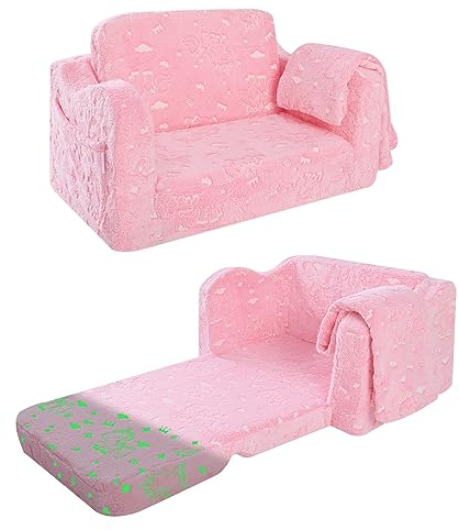 MeMoreCool Kindersofa Ausklappbar, Kindercouch, 2-in-1 Kleinkinder Schlafsofa, Kindersessel Mini Sofa fürs Kinderzimmer, Fancy Spielsofa für Mädchen und Jungen, Rosa