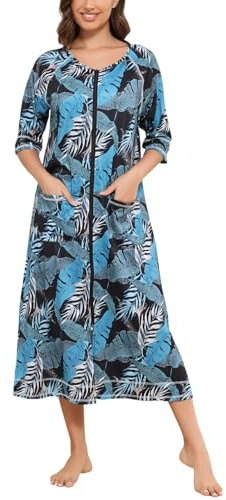 Rubehoow Hausmantel Damen Reißverschluss vorne Bademäntel halbe Ärmel volle Länge weiche Baumwolle Hausmantel mit Taschen, 3XL