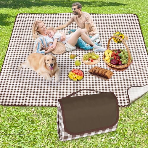 Anyiner Picknickfilt, vattentät, 200 x 200 cm, stor resefilt, halkbeständig med bärhandtag för familj, picknick, strand, camping, blå pläd (brun, 200 x 200 cm)