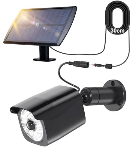 Telecamera finta da esterno Telecamere finte da esterno Faretti solari a led da esterno con sensore movimento, 360° Pannello solare girevole a 180° 5V/1,5W 2200mAh IP65 nero (cavo di prolunga 30cm)