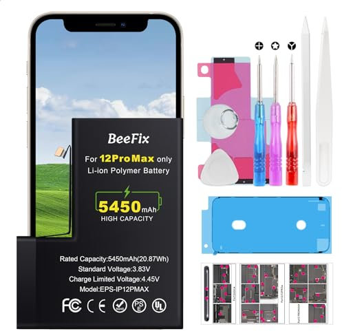 Beefix Batterie pour iPhone 12 Pro Max : Haute capacité 5450mAh Li-ION Batterie de Remplacement pour iPhone 12 PM avec Outils de réparation Compatible avec Le modèle A2410, A2411, A2412, A2432