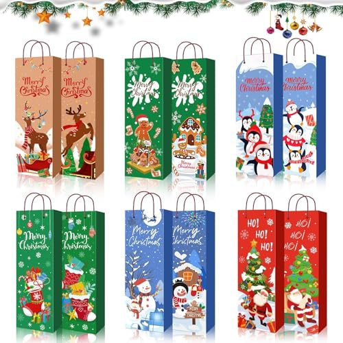 JUMELON 12 Pcs Christmas Wine Bottle Gift Bags with Handles for Holiday | Double Sided Paper Bottle Bags, 6 Assorted Designs, Reusable Wine Bottle Gift Wrap, for Champagne Spirits Xmas Party Favor