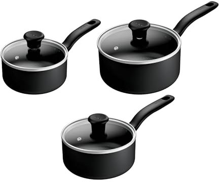 Tefal Titanium Essential B941S344 Lot de 3 casseroles 16/18/20 cm + couvercles, revêtement anti-adhésif haute performance, compatible avec toutes les cuisinières sauf induction