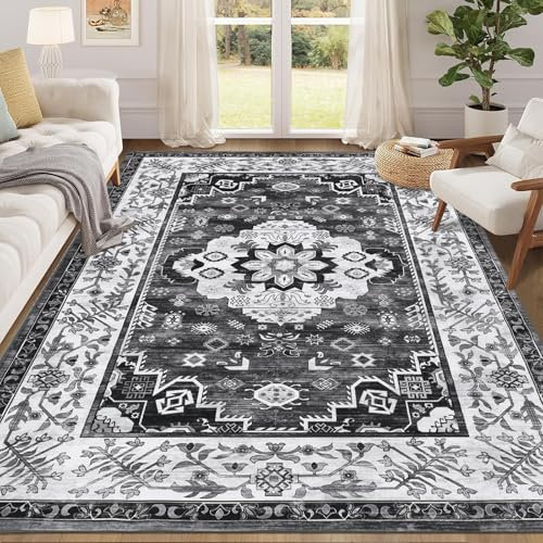 Enyhom Boho Großer Teppich, 160 x 230cm rutschfest Waschbar Bodenteppich Vintage Hochwertiger Weich Wohnzimmerteppich Robuste Kurzflor Flächenteppiche für Schlafzimmer Küche Esszimmer, Dunkelgrau