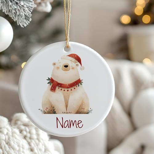 GRAZDesign Tannenbaum Aufhänger mit Namen personalisiert Weihnachten Geschenk Weihnachtskugel Weiß Bär