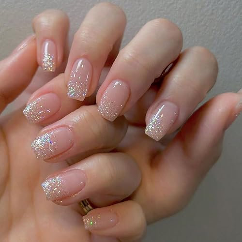 24 Stück Goldene Glitzer Nägel zum Aufkleben – Kurze Glänzende Kunstnägel, Funkelnde Press on Nails, Acryl Full Cover Falsche Nägel für Frauen und Mädchen Party Heimat DIY (Goldener Glitzer)