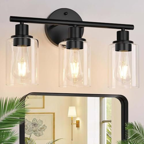 LOGT Badleuchte 3 Flammig Wandleuchte Innen Wasserdicht Spiegelleuchte Glas Lampenschirm Retro Industrie Wandlampe Modern Runde Wandbeleuchtung E27 Kristall Metall Lampe für Schlafzimmer,Schwarz