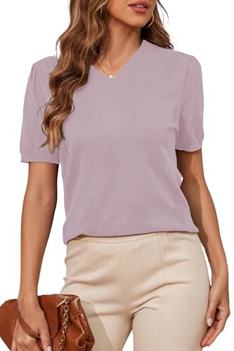 BERESIA,Magliette da Donna a Maniche Corte con Scollo a V e Maniche a Sbuffo, Moda Primavera Estate 2025, T-Shirt Casual Morbide,Lilla Chiaro,S