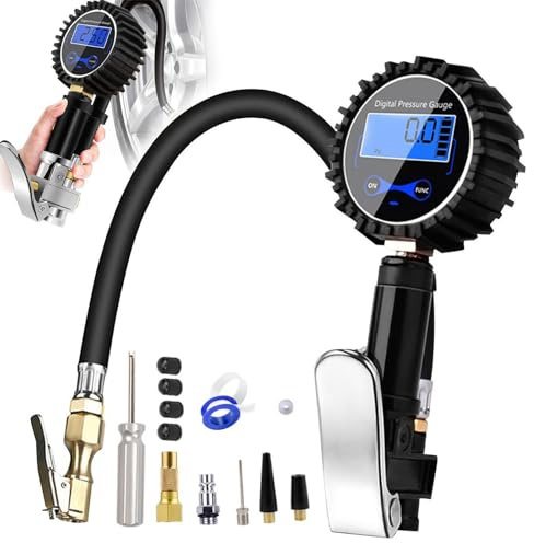 Manometre Pression Pneu, Jauges de Pression Des Pneus, Pistolet Gonfleur Pneus, Pistolet de Gonflage Manomètre, Manometre pour Pneu avec Accessoires pour Vélo Moto Camion Voiture Vtt