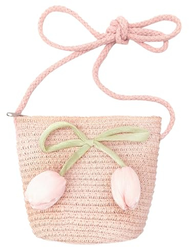 FOSDICK Straw Crossbody Bag, Cute Flowers Girls Cross Body Bag, Girls Straw Shoulder Bag, Kids Handbag with Tulips, Mini Toddler Handbag, Bohemian Floral straw Handbags, Gifts for girls