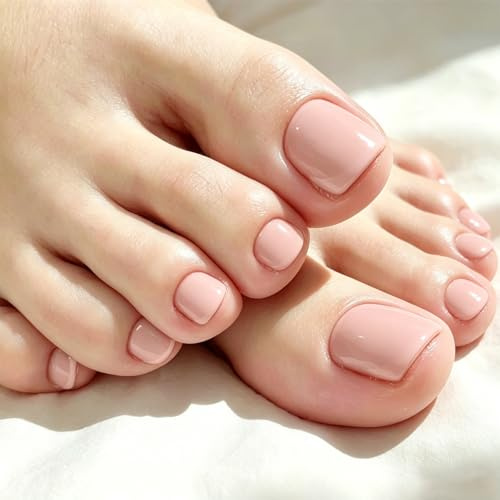 Faux Ongles Pieds Carrés Courts,12 Tailles Capsules Américaines pour Ongles d'Orteils en Gel Souple Rose Nude pour Pédicure DIY & Nail Art (24PCS, Nude Pink)