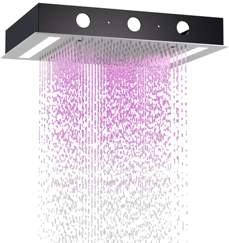 14x20 Inch LED Rainfall Shower Head- High Pressure Overhead Shower Heads with Water Filter Large Square Ceiling Mounted Bath Showerhead for Strong Spray & Relaxing Rain Shower (Brushed Nickel)