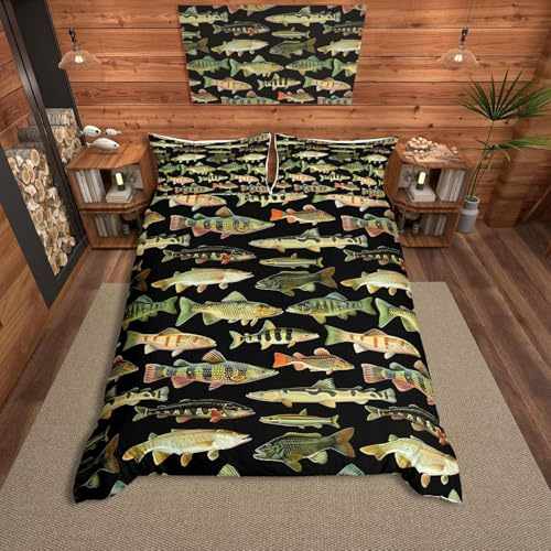 richhome Kids Fishing Bedding Set Single Size Vintage Pike Fish Duvet Cover for Boys Girls Room Decor Fishing and Hunting Comforter Cover Set Women Men Bedspread Cover