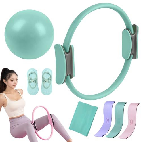 Pilates Essential Kit for Home Workouts - Portable Fitness Equipment with Toning Pilates Ring, Long Resistance Bands, Loop Bands, Soft Ball & Grip Socks for Women (Green 5 Pcs Set)