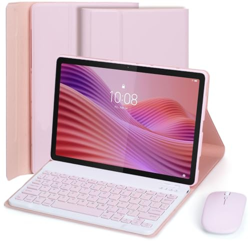 EHLCYS Custodia con Tastiera per Lenovo Tab 10.1 Pollici 2025 (TB-311FU/TB-311XU), QWERTY Tastiera Bluetooth Staccabile, Custodia A Libro Ultrasottile Multi-Angolo Con Mouse,Rosa