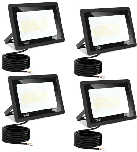 Monucep LED Strahler Außen 50W,4 Stück Dimmbar LED Fluter 3000K/4000K/6500K, Led Scheinwerfer, IP65 Wasserfest Aussenstrahler für Hell Garten Hof Türen Rasen Garage [Energieklasse E]