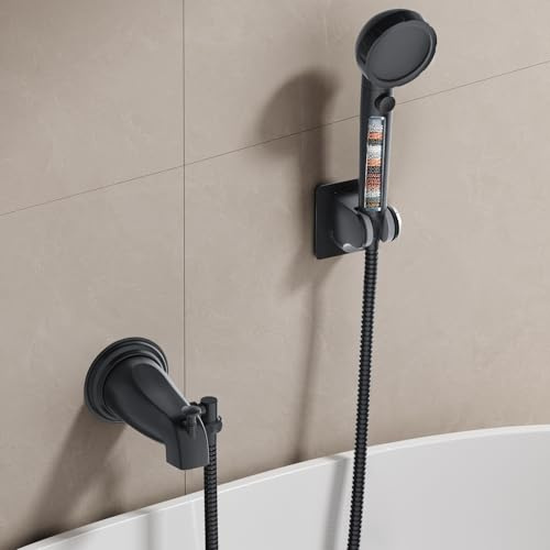 SINGSUO Bathtub Faucet with Sprayer, Filtered Shower Head Attaches to Tub Faucet, Metal Tub Tap with Sprayer, Bathtub Shower Attachment with 3 Adapters, 3-Mode Shower Head with ON/OFF Button (Black)