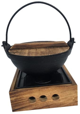 TOBBOMEY Pentola Giapponese in Ghisa Piccola per Sukiyaki Resistente e Leggera con Base in Legno per Cucina Casalinga e Barbecue per Stufati e Zuppe