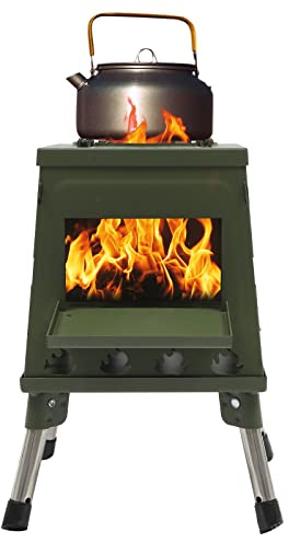 Hornillo de carpa, estufa de cohetes para exteriores, color verde, portátil, estufa de leña, estufa de cañón para cocinar, estufa de tienda de campaña con 16 ventilaciones, estufa de leña multiusos