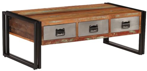 Generic Mesa de Centro con 3 Cajones, Madera Maciza Recuperada, Mesa de Centro Estilo Vintage, 100x50x35 Cm, Patas de Acero Robustas, Fácil Montaje, Vetas Únicas, Almacenamiento