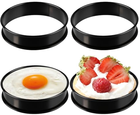 4 Pcs Crumpet Rings Non Stick Set Stainless Steel Cake Ring 9.5cm Egg Cooking Rings for Frying English Muffin Pancake Moulds for Muffins, Eggs, Pastry and Kitchen Cooking Black